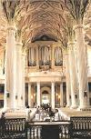 Interior of the St. Thomas Church in Leipzig, with a view of the organ loft
