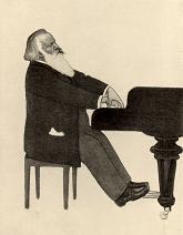 cartoon of Brahms playing the piano