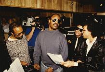 Quincy Jones, Stevie Wonder, Michael Jackson and Lionel Ritchie during session for We Are The World