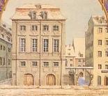 The original Gewandhaus building, in a watercolor painted by Mendelssohn and inscribed to Henriette Grabau