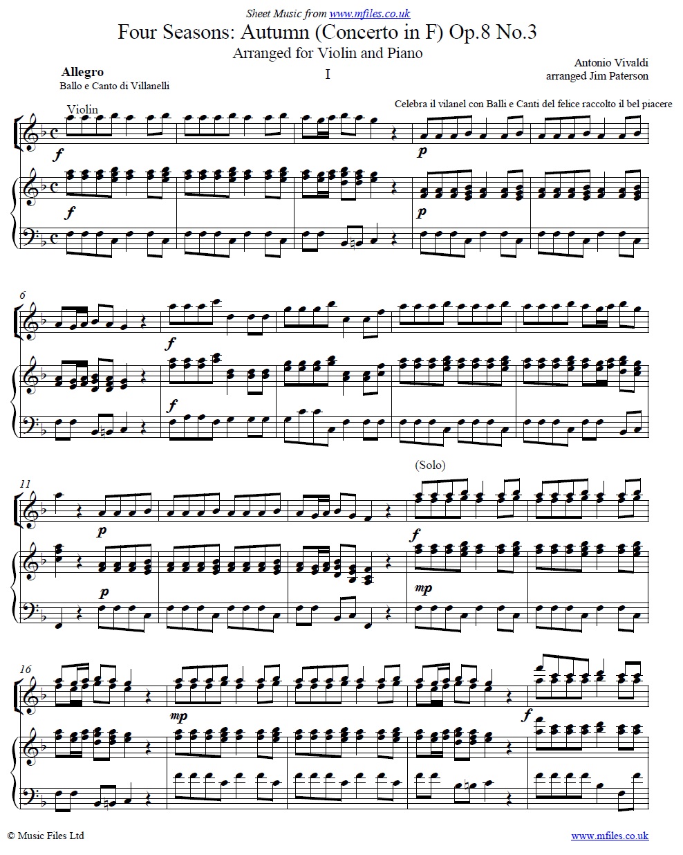 Vivaldi's Autumn from The Four Seasons (arranged for violin and piano) - sheet music 1st page