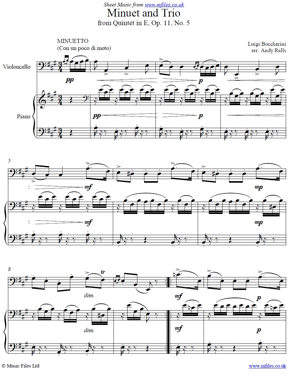 Boccherini's Minuet for Cello and piano - sheet music 1st page