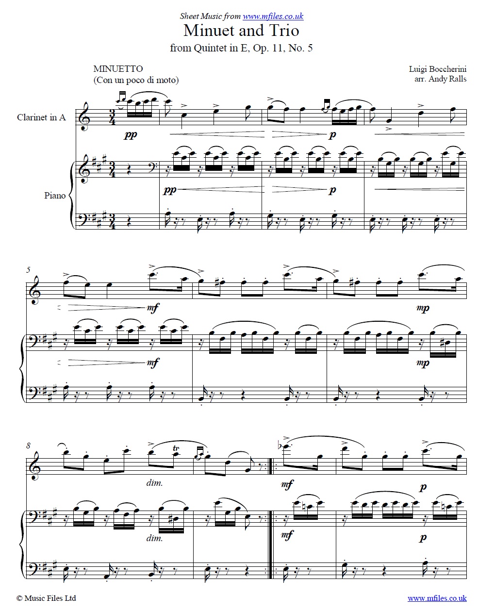 Boccherini's Minuet for Clarinet in A and piano - sheet music 1st page