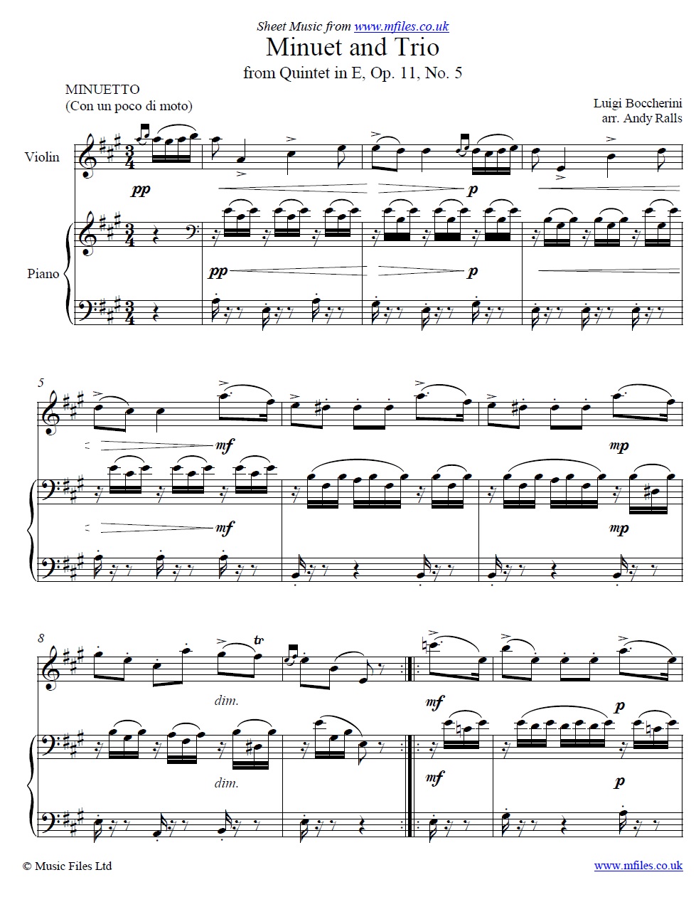 Boccherini's Minuet for Violin and piano - sheet music 1st page