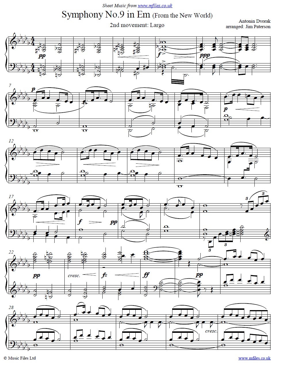 Dvorak's Largo (from the New World) for piano - sheet music 1st page