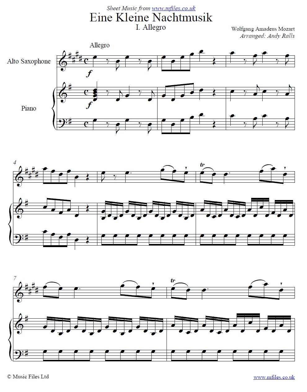 Mozart's Eine Kleine Nachtmusik (1st Movement) for alto sax and piano - sheet music 1st page