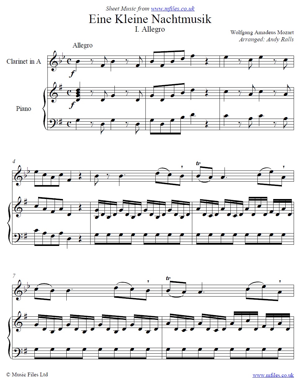 Mozart's Eine Kleine Nachtmusik (1st Movement) for clarinet in A and piano - sheet music 1st page