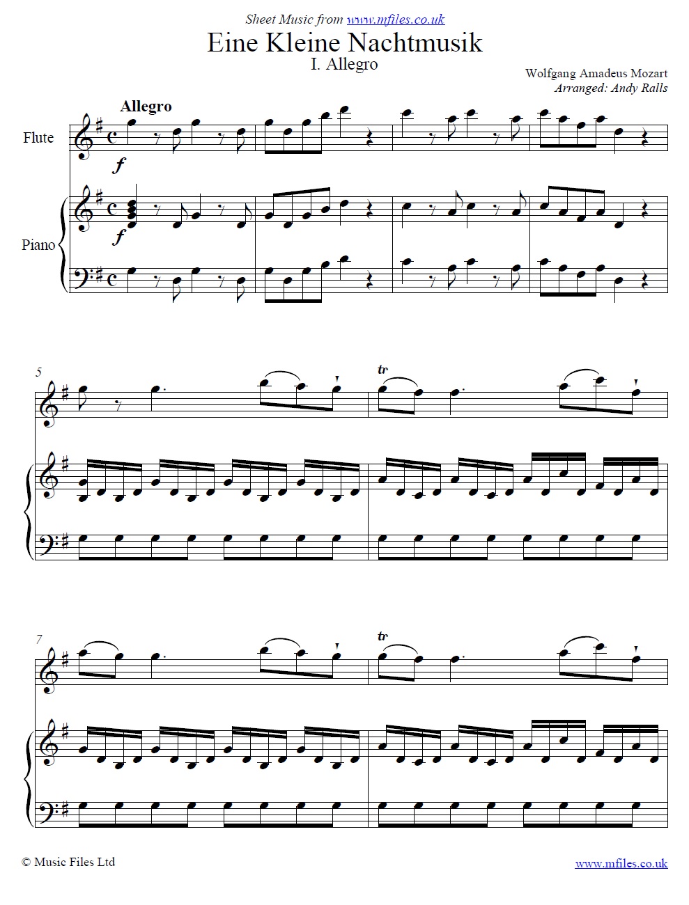 Mozart's Eine Kleine Nachtmusik (1st Movement) for flute and piano - sheet music 1st page