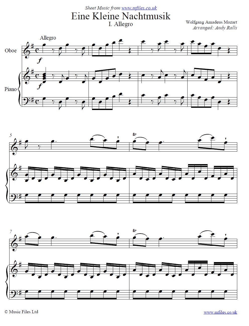 Mozart's Eine Kleine Nachtmusik (1st Movement) for oboe and piano - sheet music 1st page
