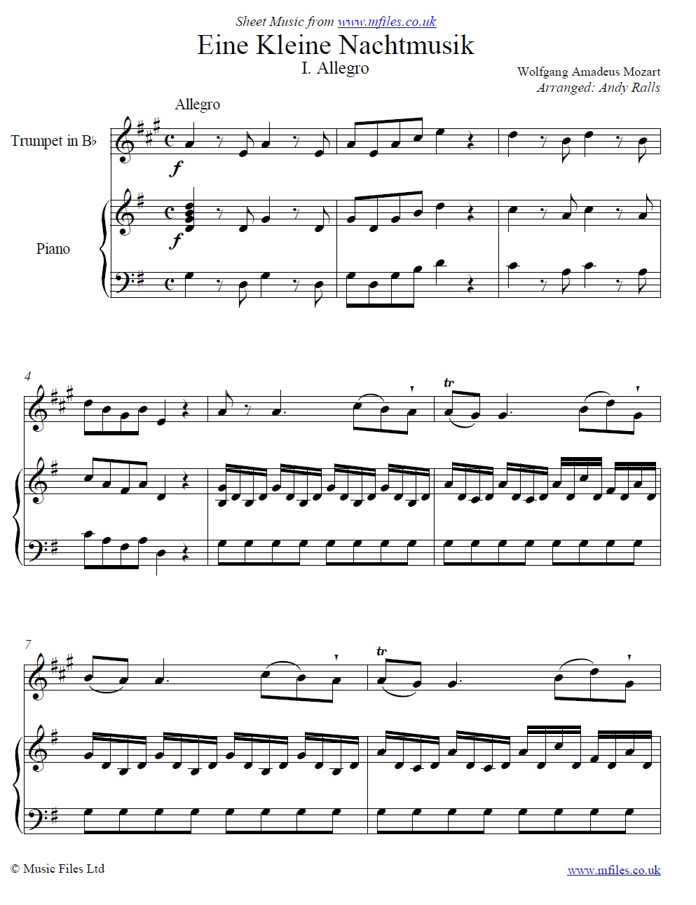 Mozart's Eine Kleine Nachtmusik (1st Movement) for trumpet and piano - sheet music 1st page