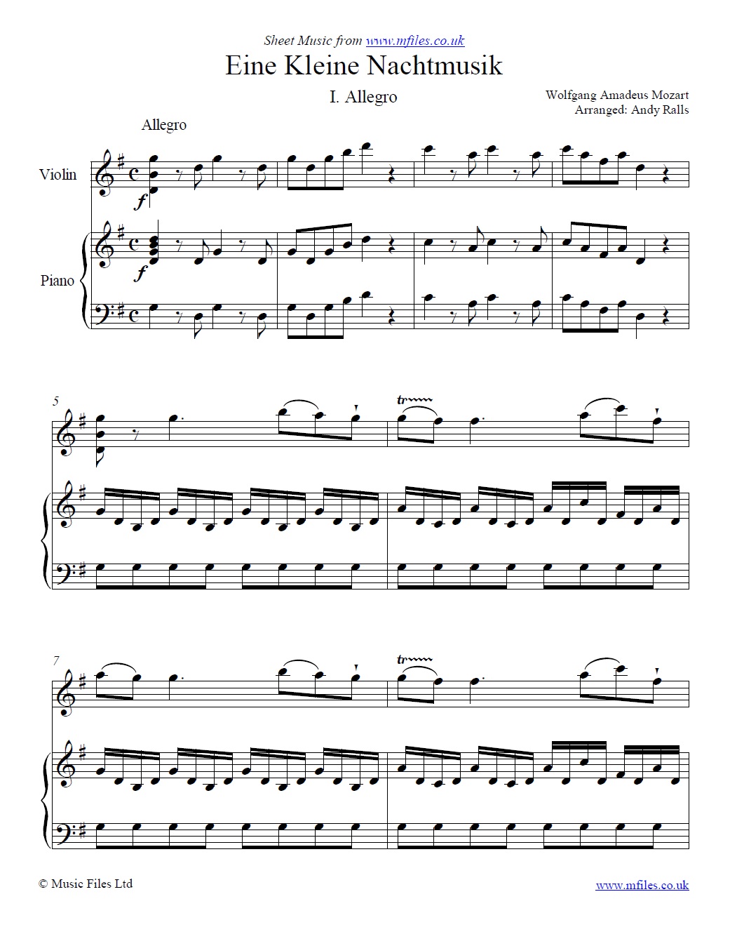 Mozart's Eine Kleine Nachtmusik (1st Movement) for violin and piano - sheet music 1st page
