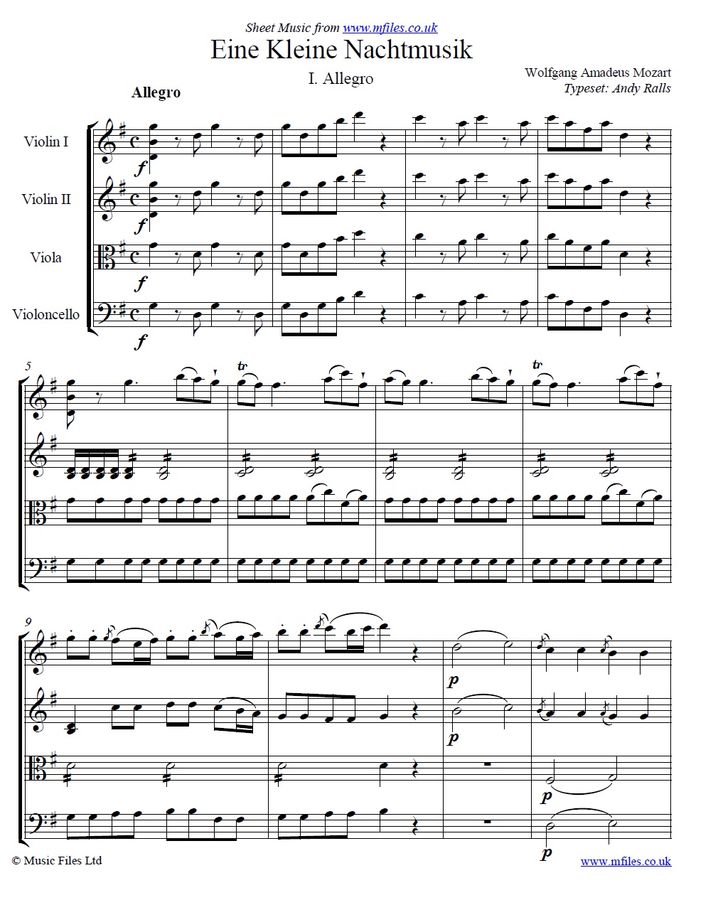 Mozart's Eine Kleine Nachtmusik (1st Movement) score - sheet music 1st page