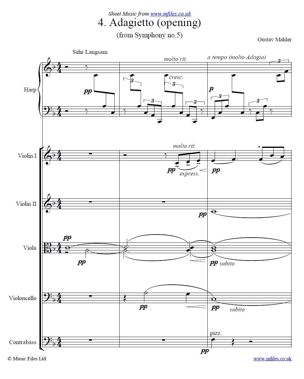 Mahler's 5th Symphony (4th movement) score extract - sheet music 1st page