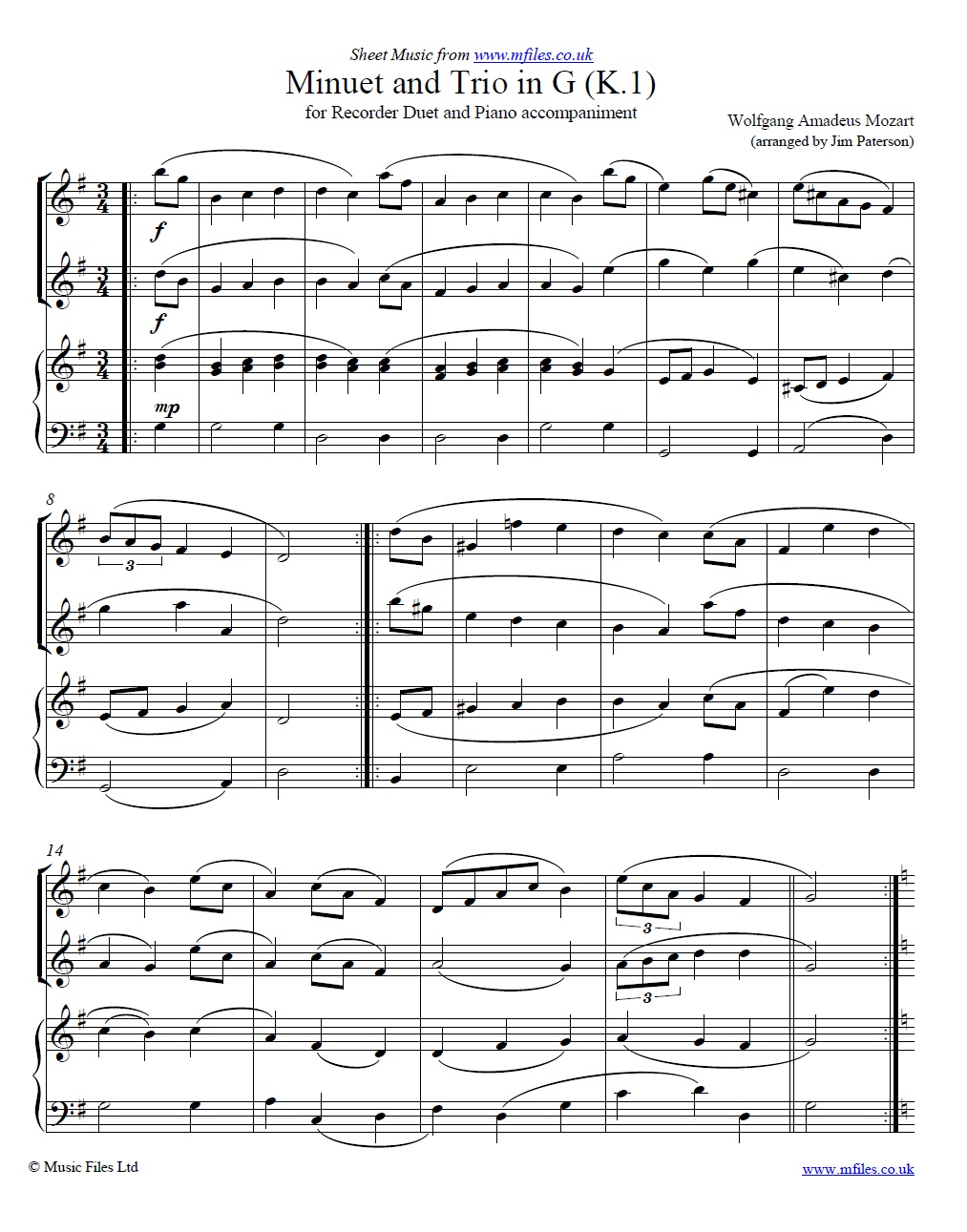 Mozart's Minuet in G (K.1) for recorder duet - sheet music 1st page