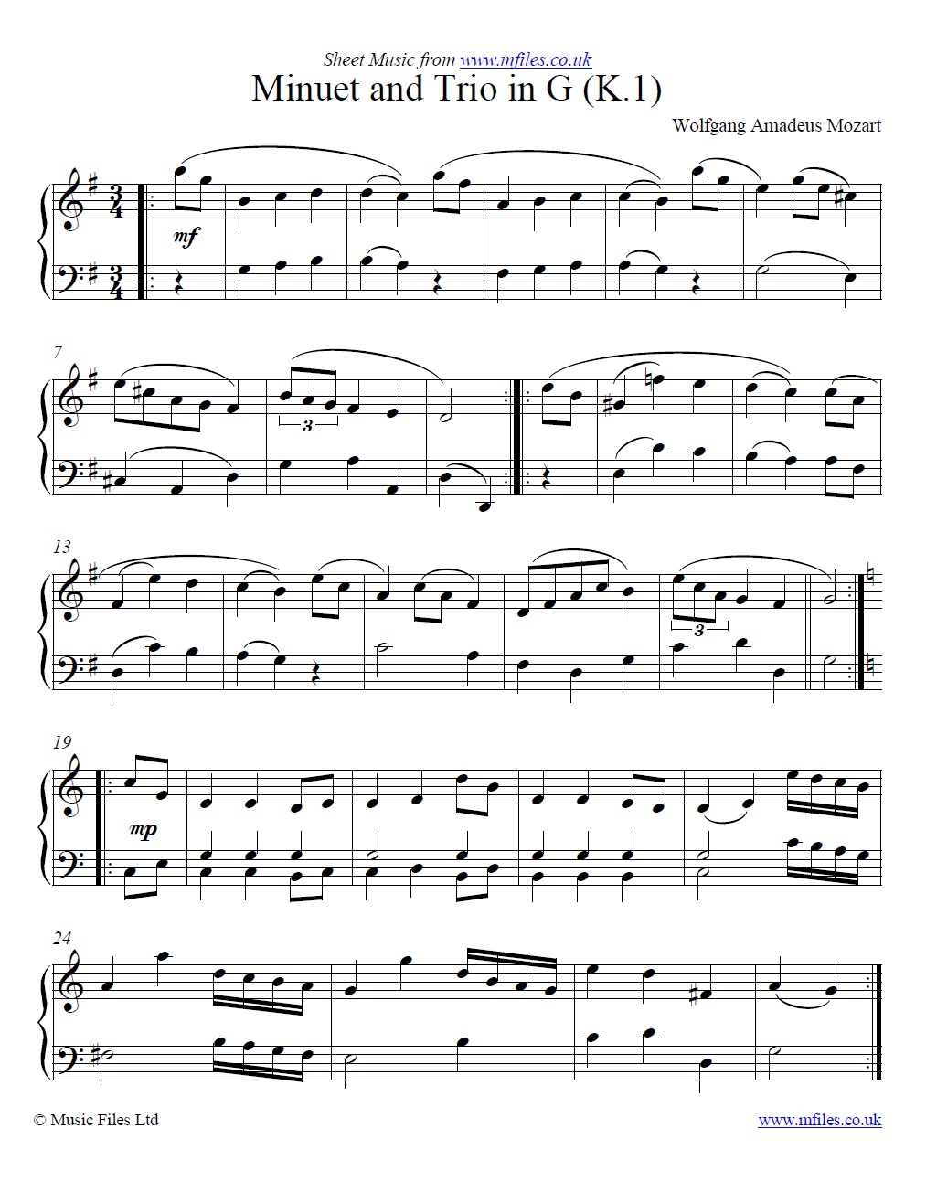 Mozart's Minuet in G (K.1) for piano - sheet music 1st page