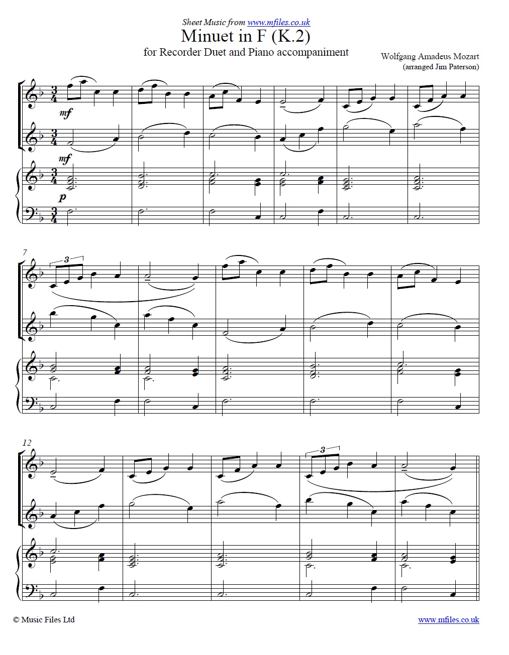 Mozart's Minuet in F (K.2) for recorder duet - sheet music 1st page