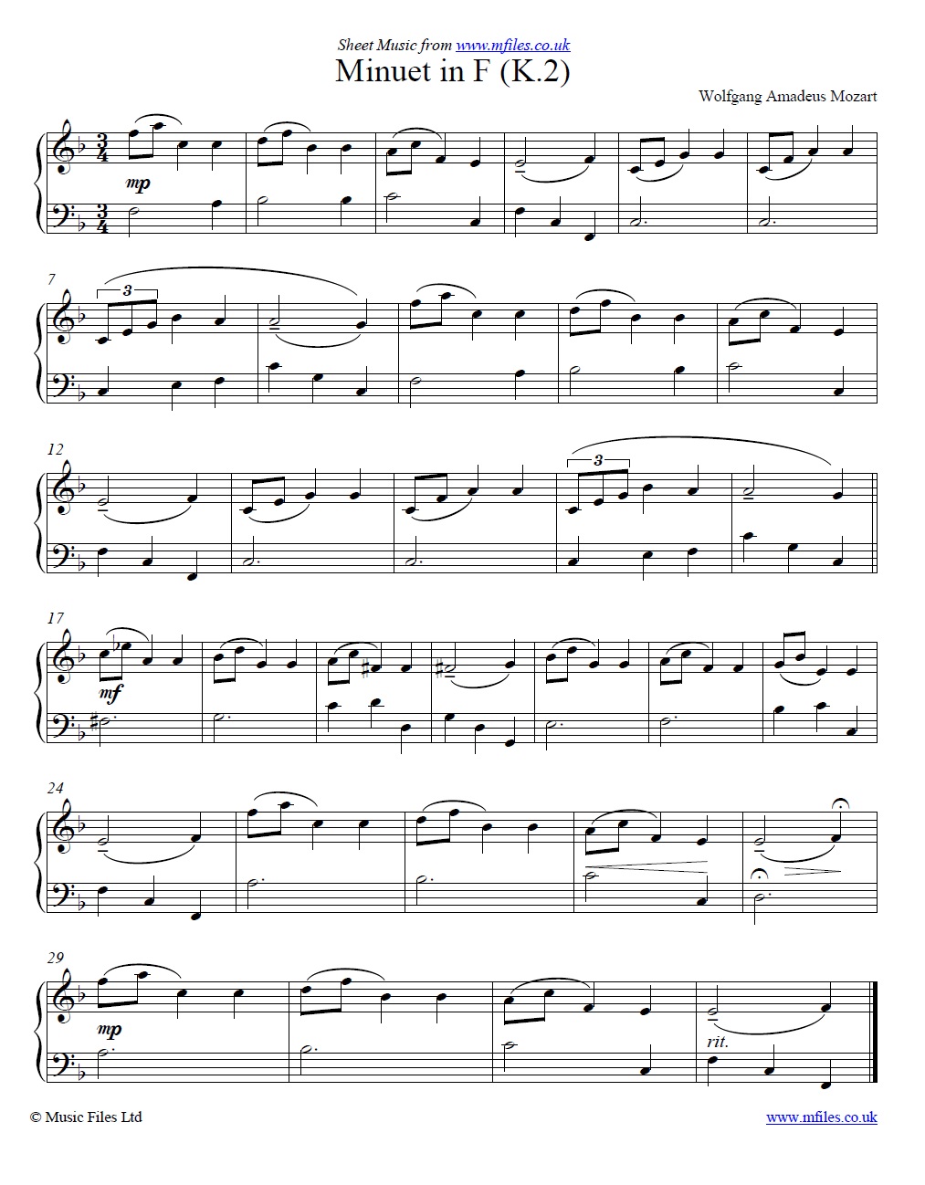 Mozart's Minuet in F (K.2) for piano - sheet music 1st page