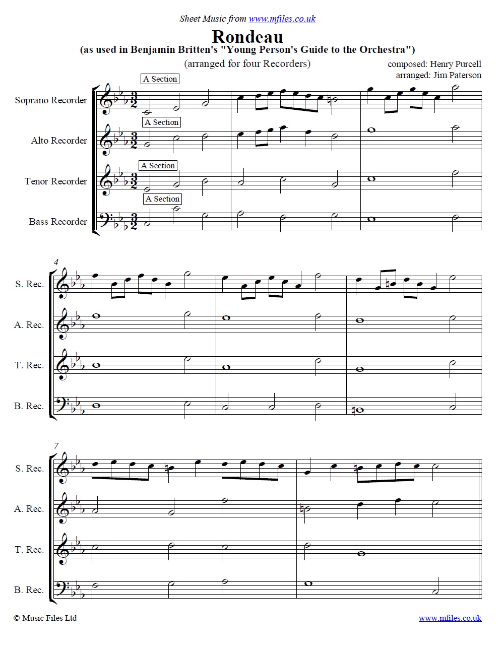 Purcell's Rondeau from Abdelazar for SATB recorders - sheet music 1st page