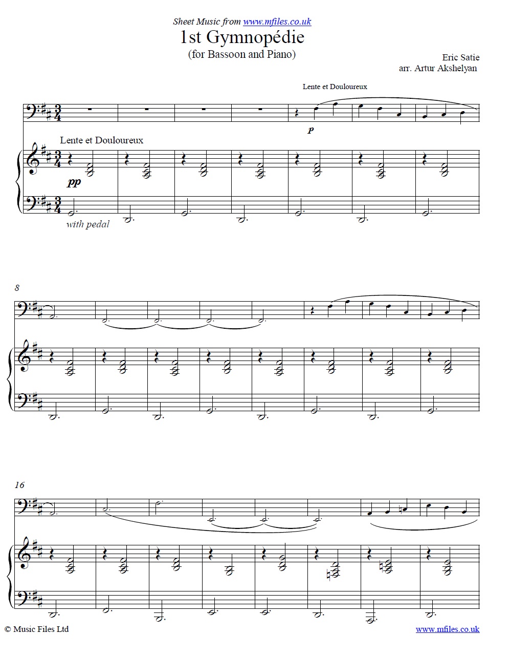 Satie's Gymnopedie No.1 for bassoon and piano - sheet music 1st page