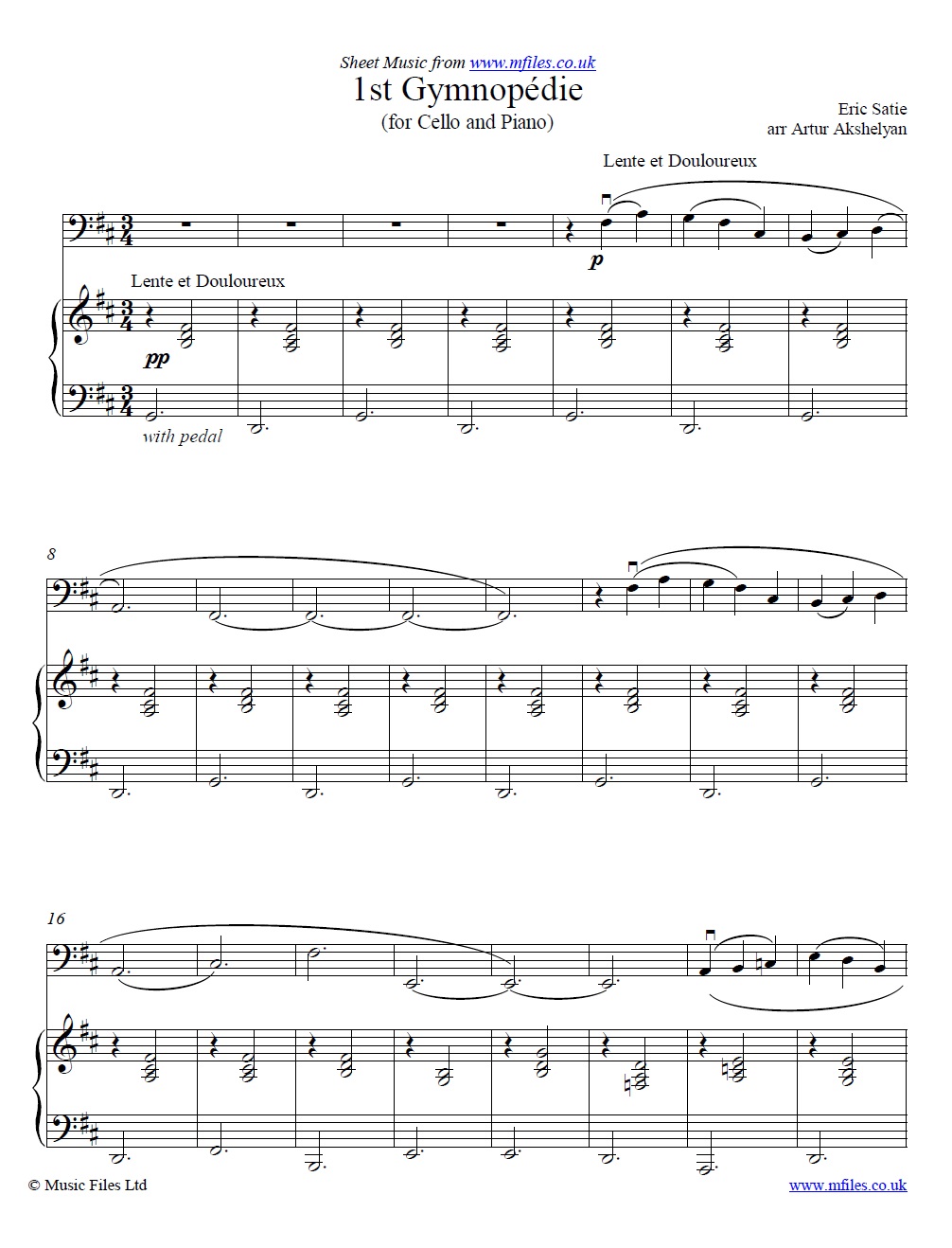 Satie's Gymnopedie No.1 for cello and piano - sheet music 1st page