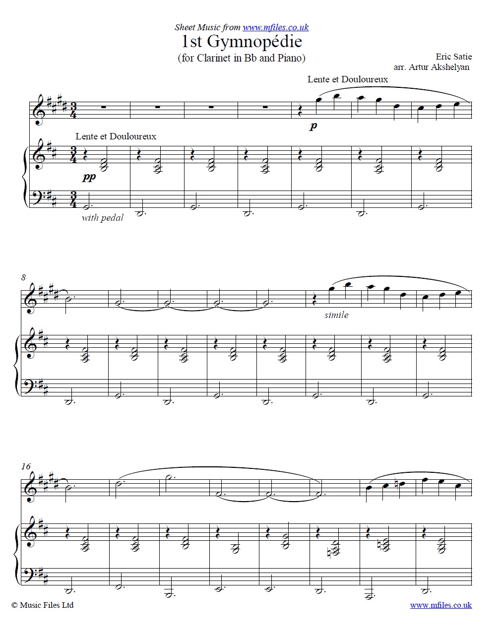 Satie's Gymnopedie No.1 for clarinet and piano - sheet music 1st page