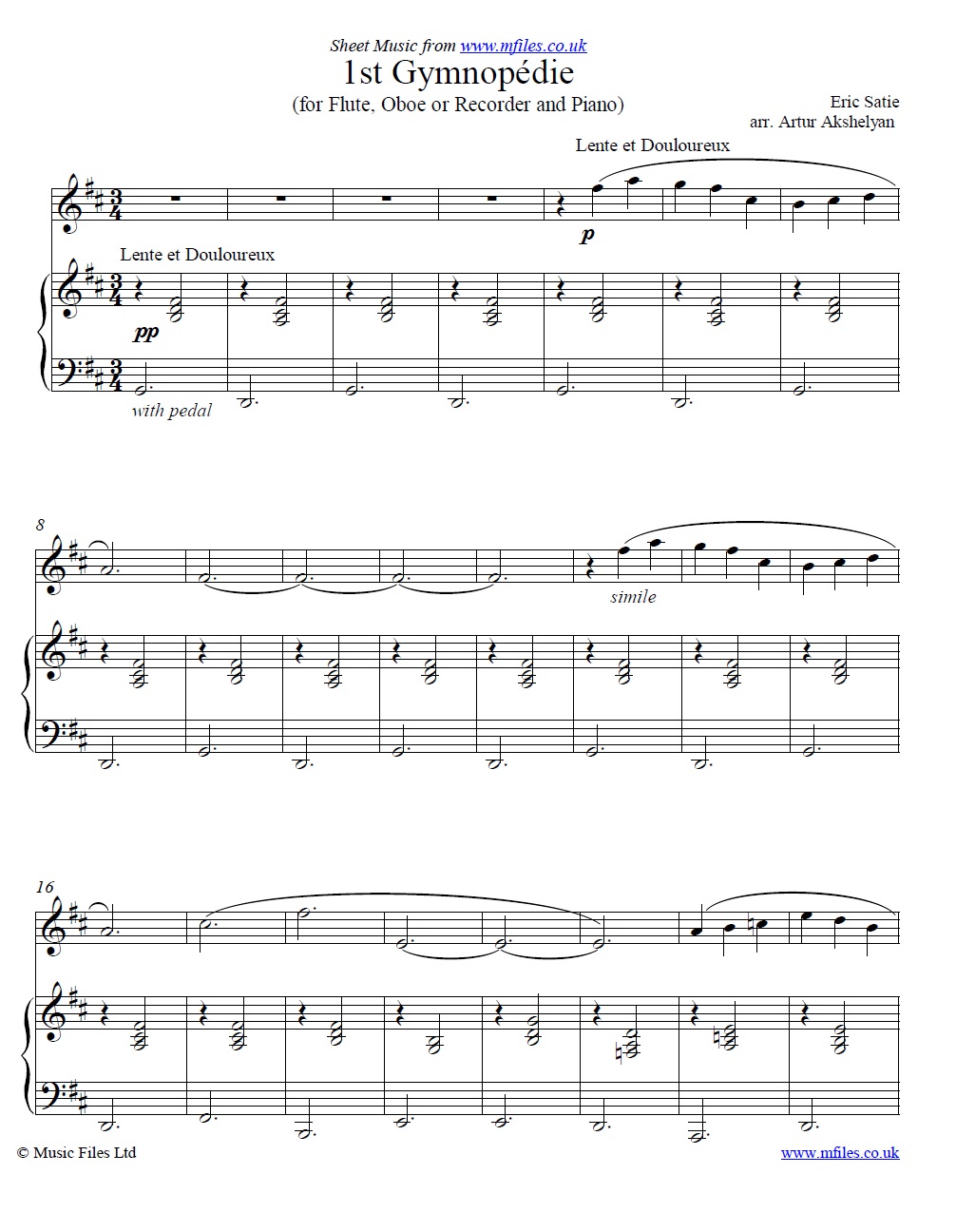 Satie's Gymnopedie No.1 for flute and piano - sheet music 1st page