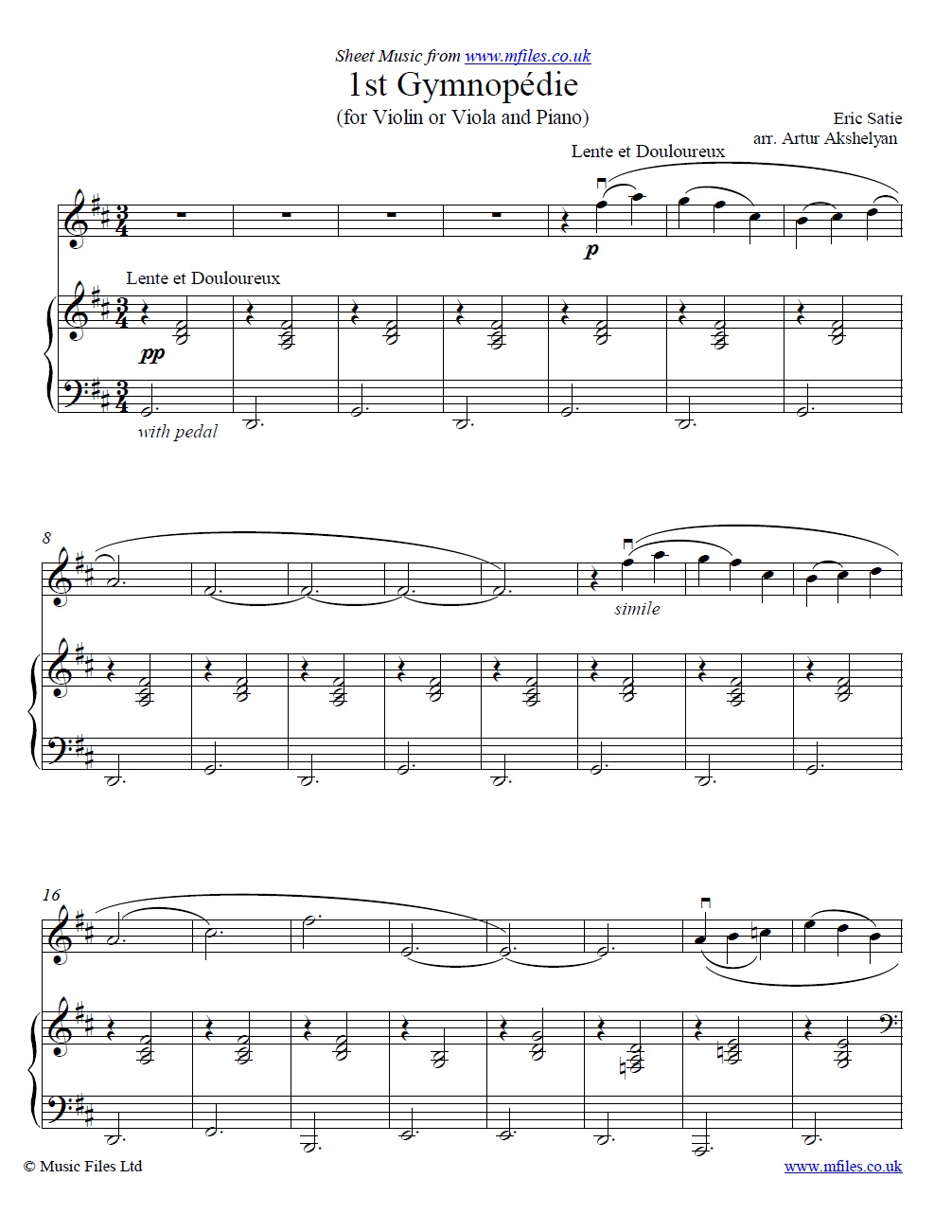Satie's Gymnopedie No.1 for violin and piano - sheet music 1st page