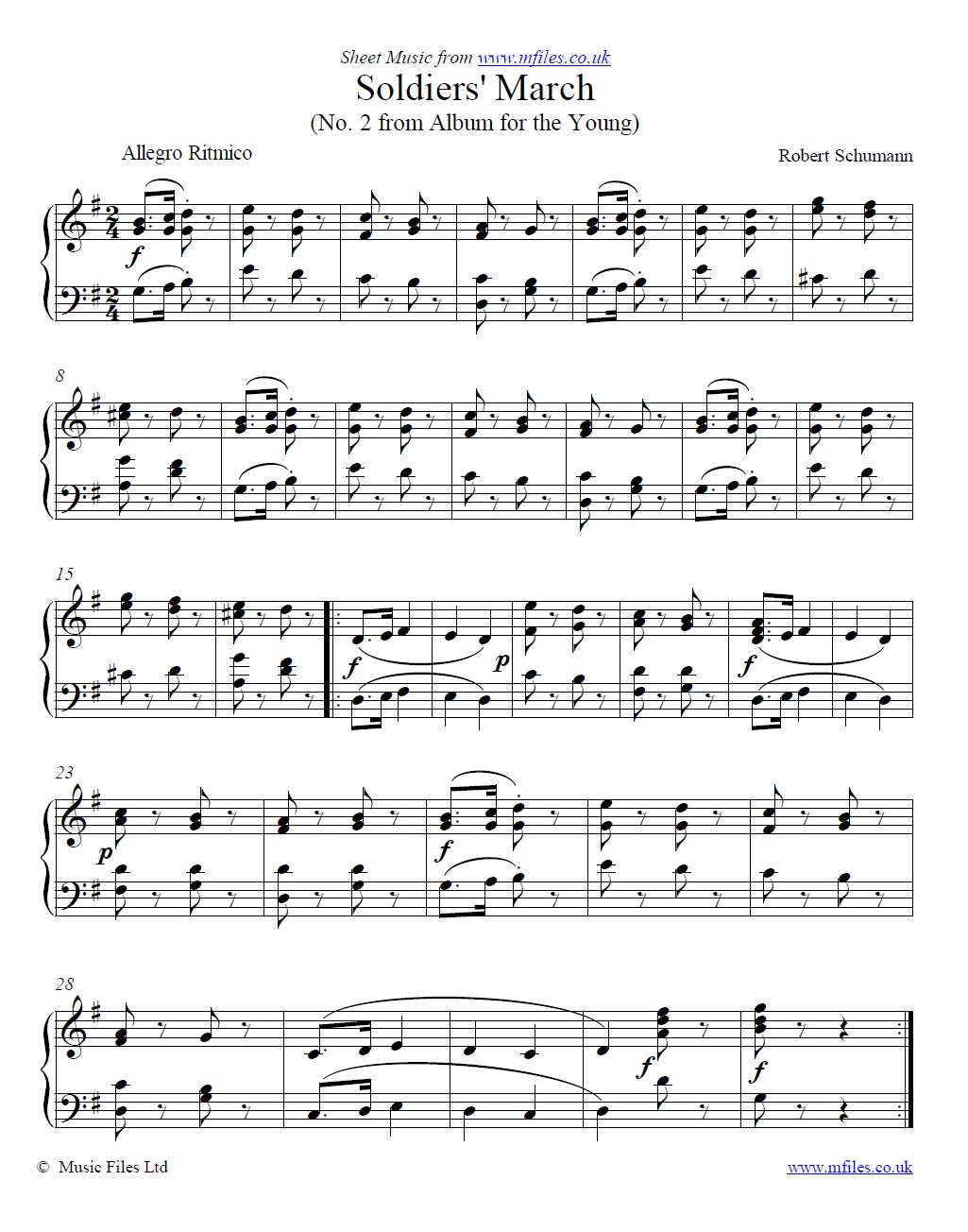 Schumann's Soldiers' March No.2 (from Album for the Young) for piano - sheet music 1st page
