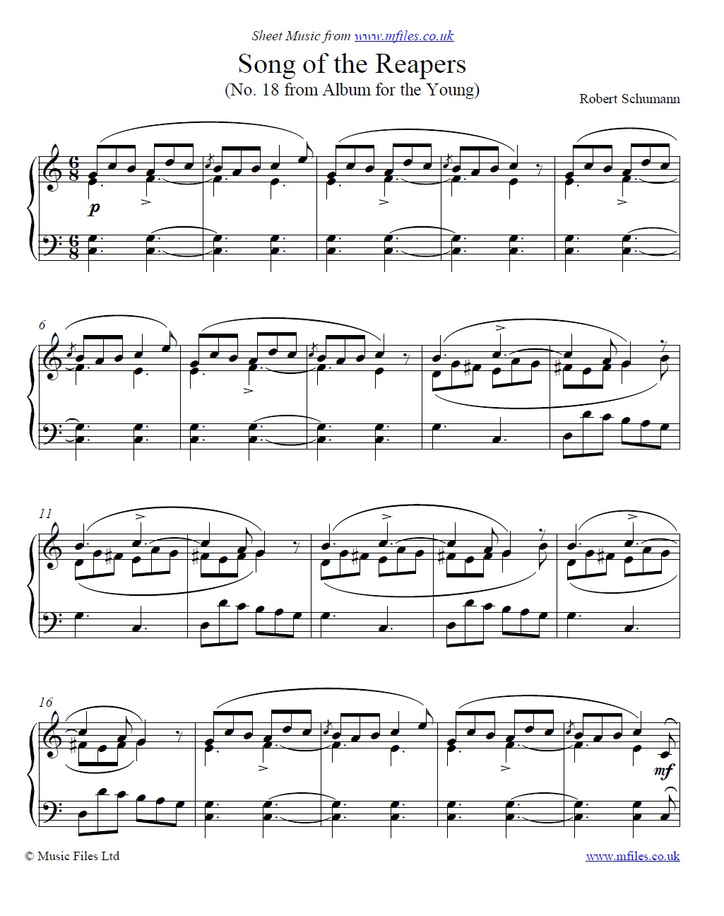 Schumann's Song of the Reapers (No.18 from his Album for the Young) for piano - sheet music 1st page