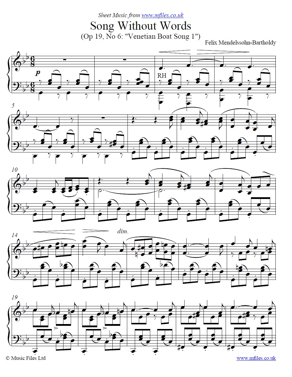 Mendelssohn's Song without words Op.19 No.6 Venetian Boat Song for piano - sheet music 1st page