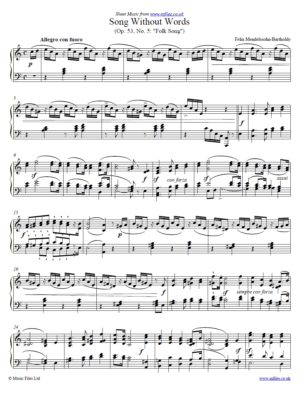 Mendelssohn's Song without words Op.53 No.5 Folk-Song for piano - sheet music 1st page