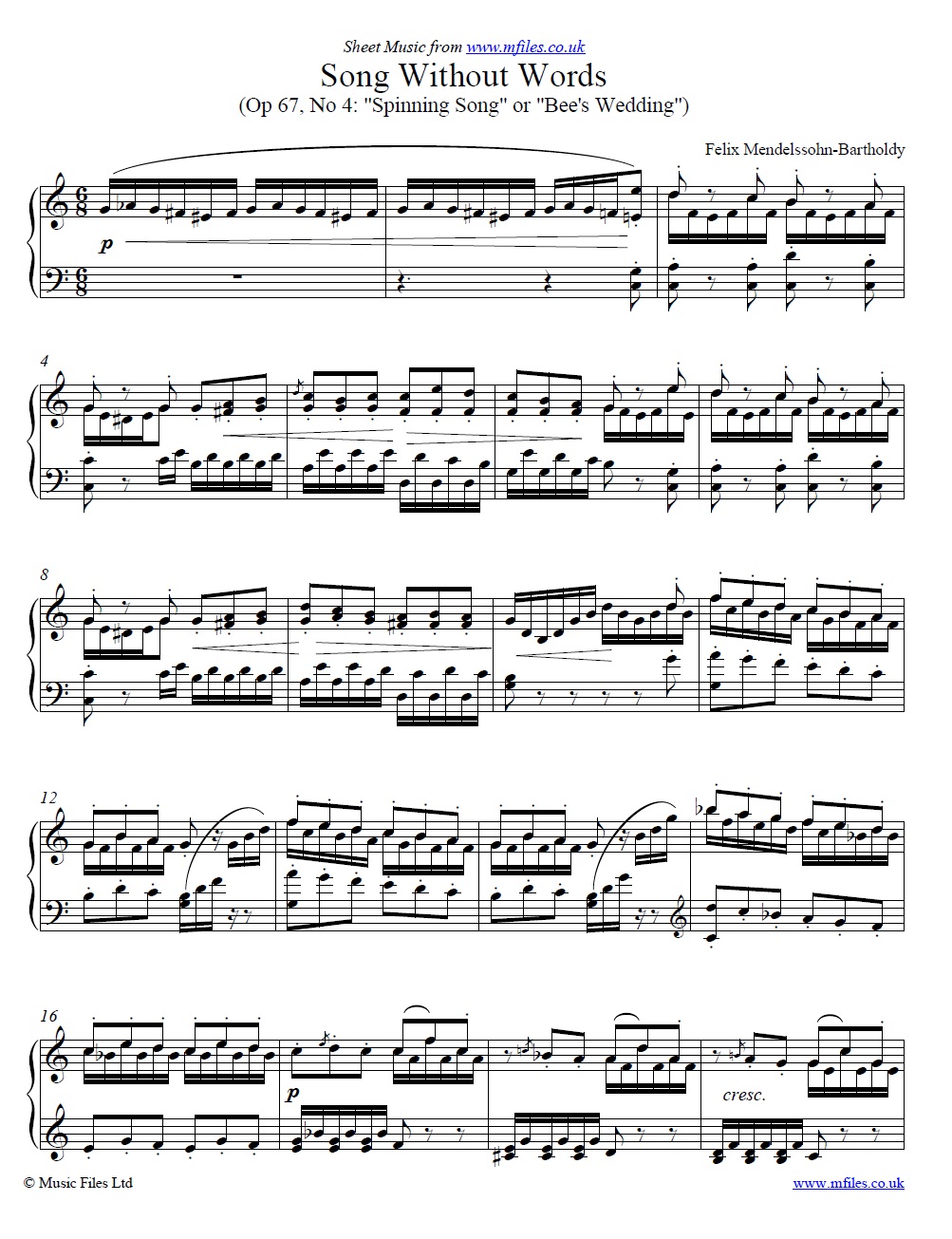 Mendelssohn's Song without words Op.67 No.4 Spinning Song or Bee's Wedding for piano - sheet music 1st page