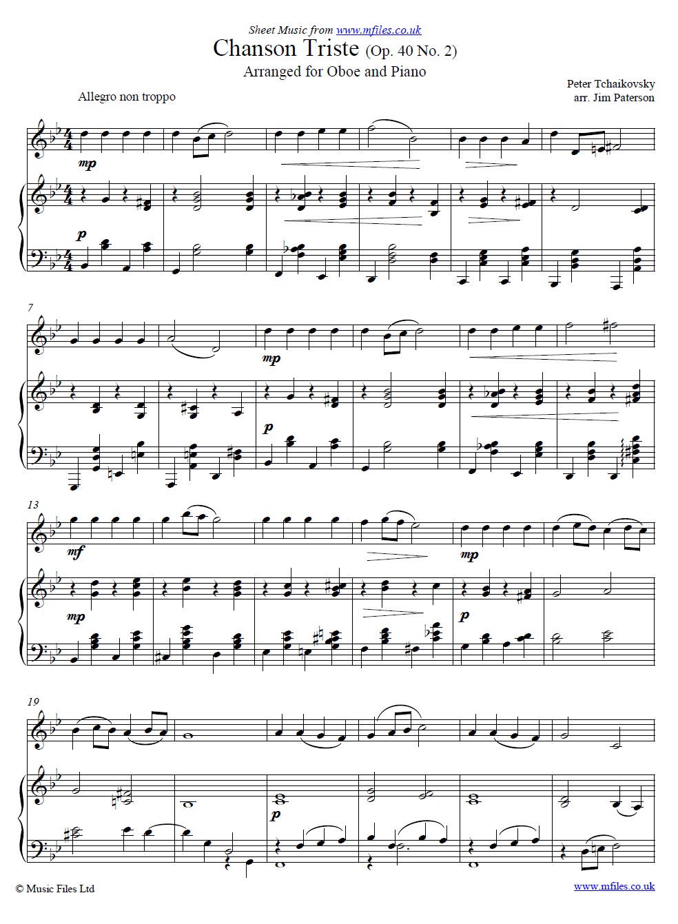 Tchaikovsky's Chanson Triste Op.40 No.2 for oboe and piano - sheet music 1st page