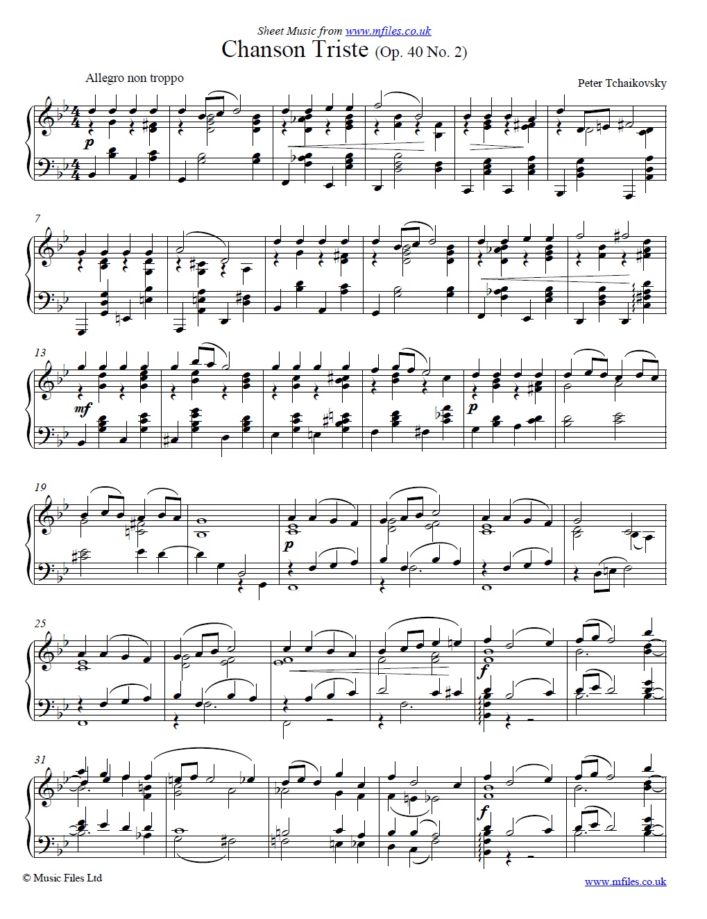 Tchaikovsky's Chanson Triste Op.40 No.2 for piano - sheet music 1st page