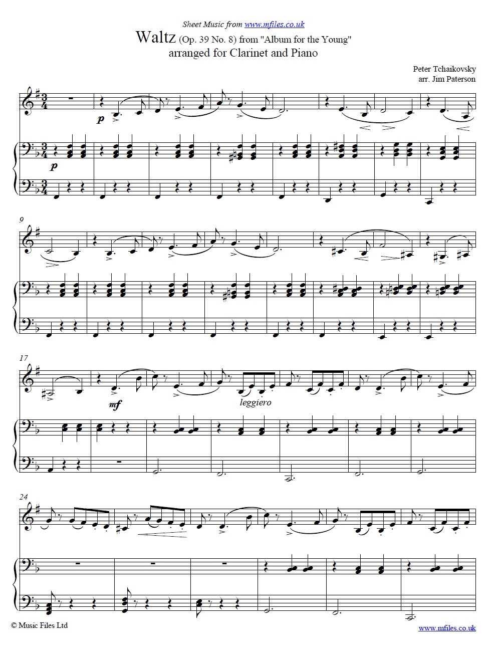 Waltz from Album for the Young (Op.39 No.8) for clarinet in B-flat and piano - sheet music 1st page