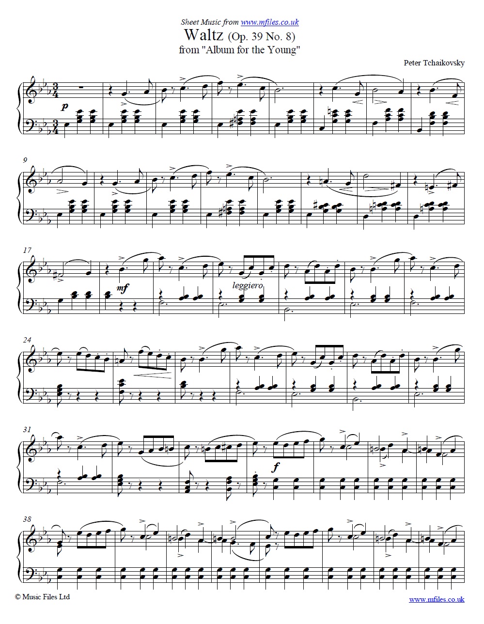 Tchaikovsky's Waltz from Album for the Young (Op.39 No.8) for piano - sheet music 1st page
