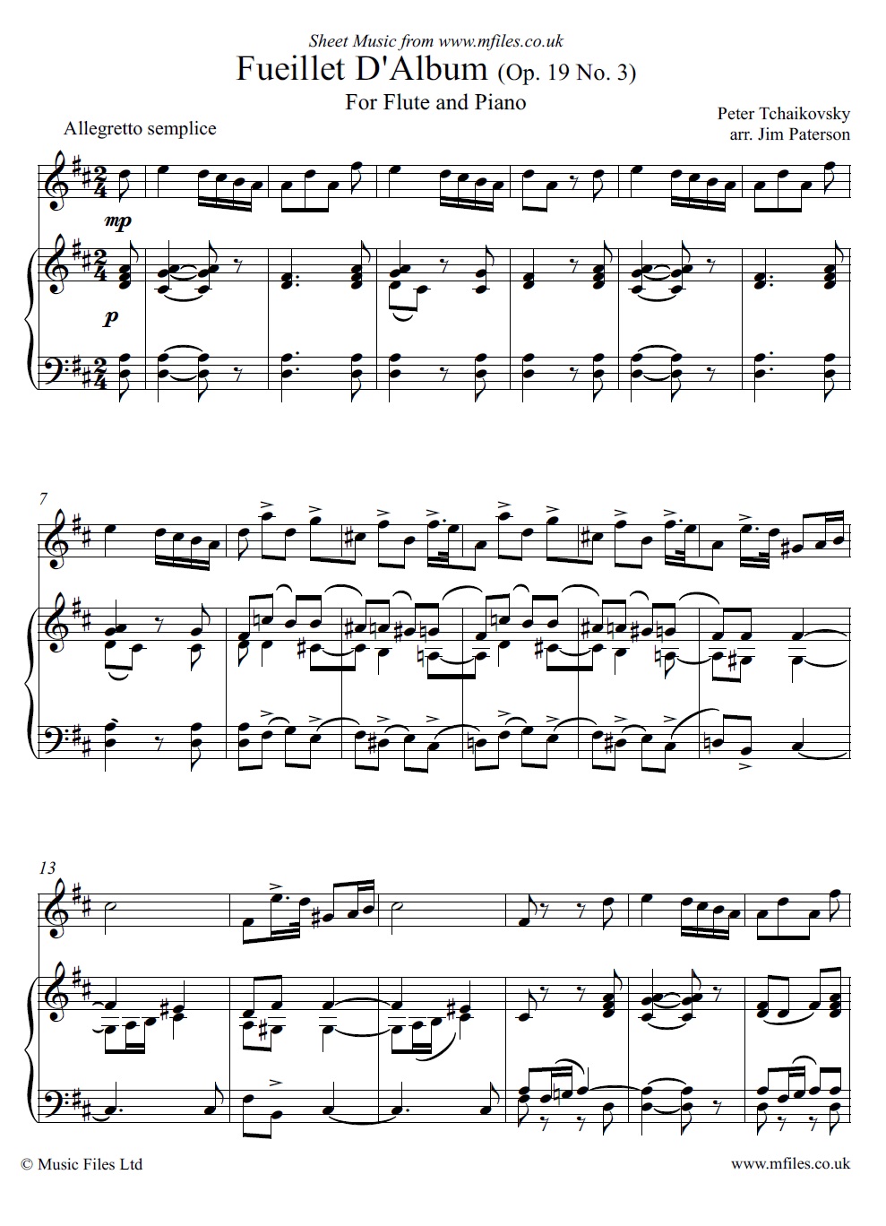 Tchaikovsky's Fueillet d'Album Op.19 No.3 for flute and piano - sheet music 1st page