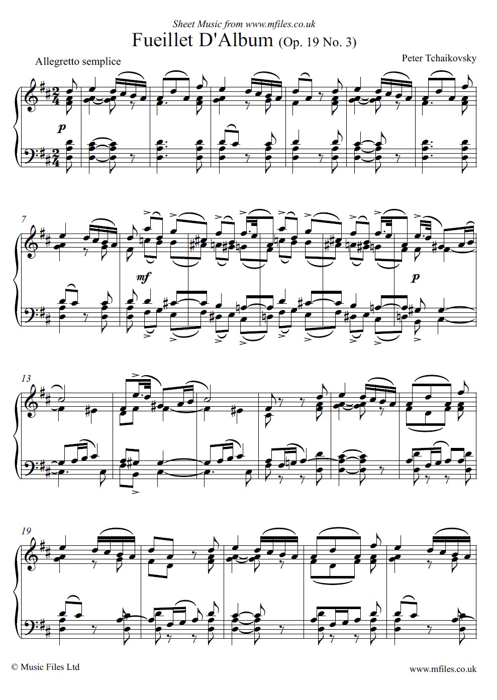 Tchaikovsky's Fueillet d'Album Op.19 No.3 for Piano - sheet music 1st page