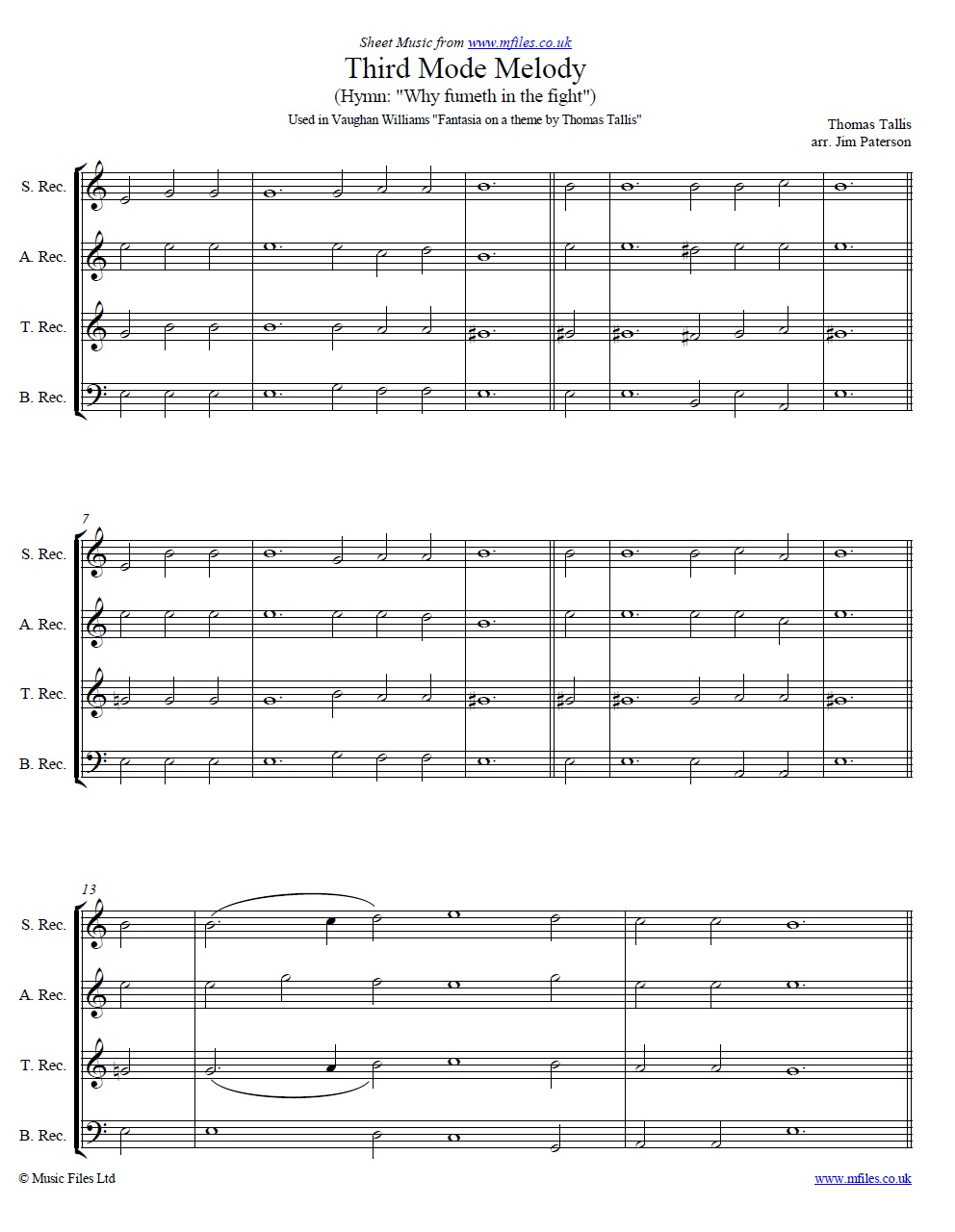 Tallis' Third Mode Melody for SATB recorders - sheet music 1st page