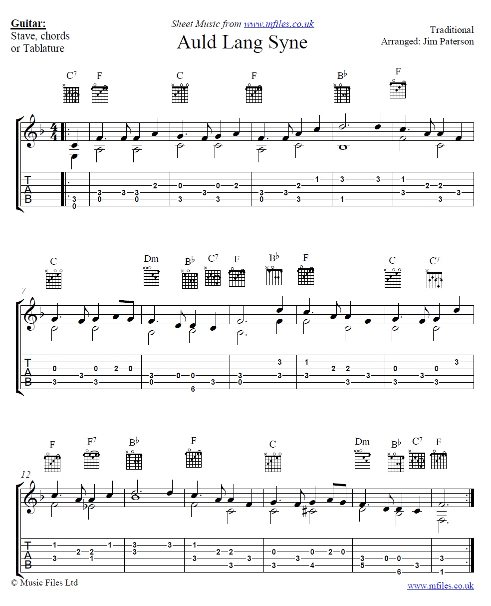 Auld Lang Syne for guitar - sheet music 1st page