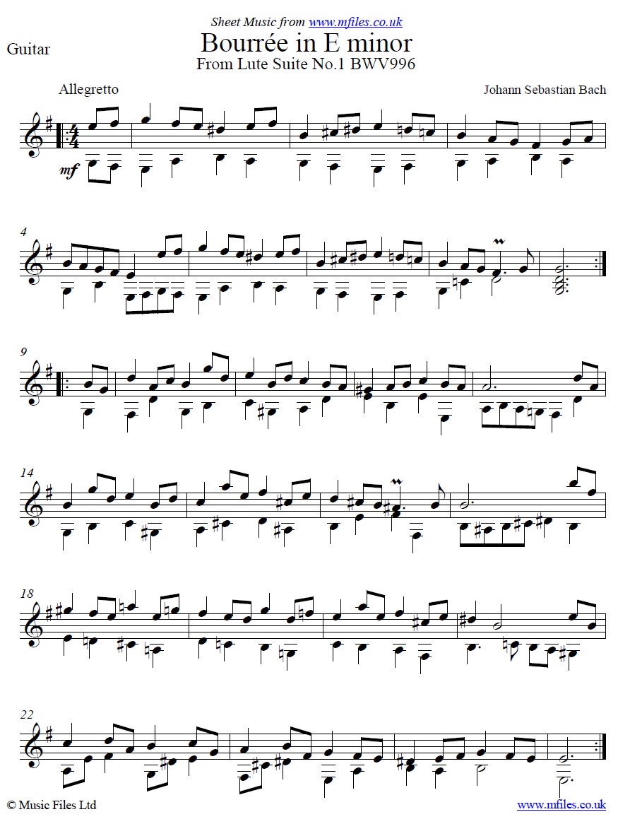 Bach's Bourrée in Em for Guitar - sheet music 1st page