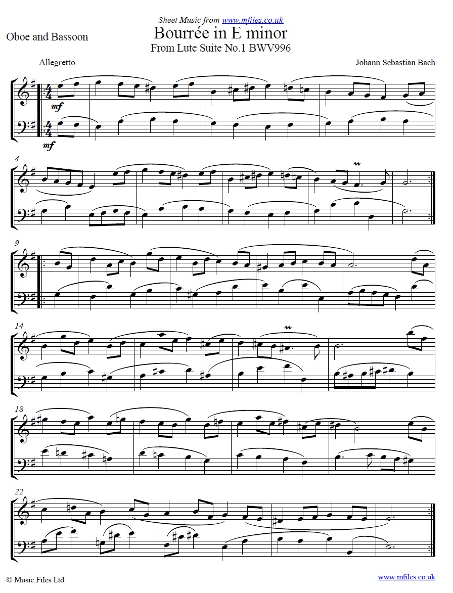 Bach's Bourrée in Em for oboe and bassoon - sheet music 1st page