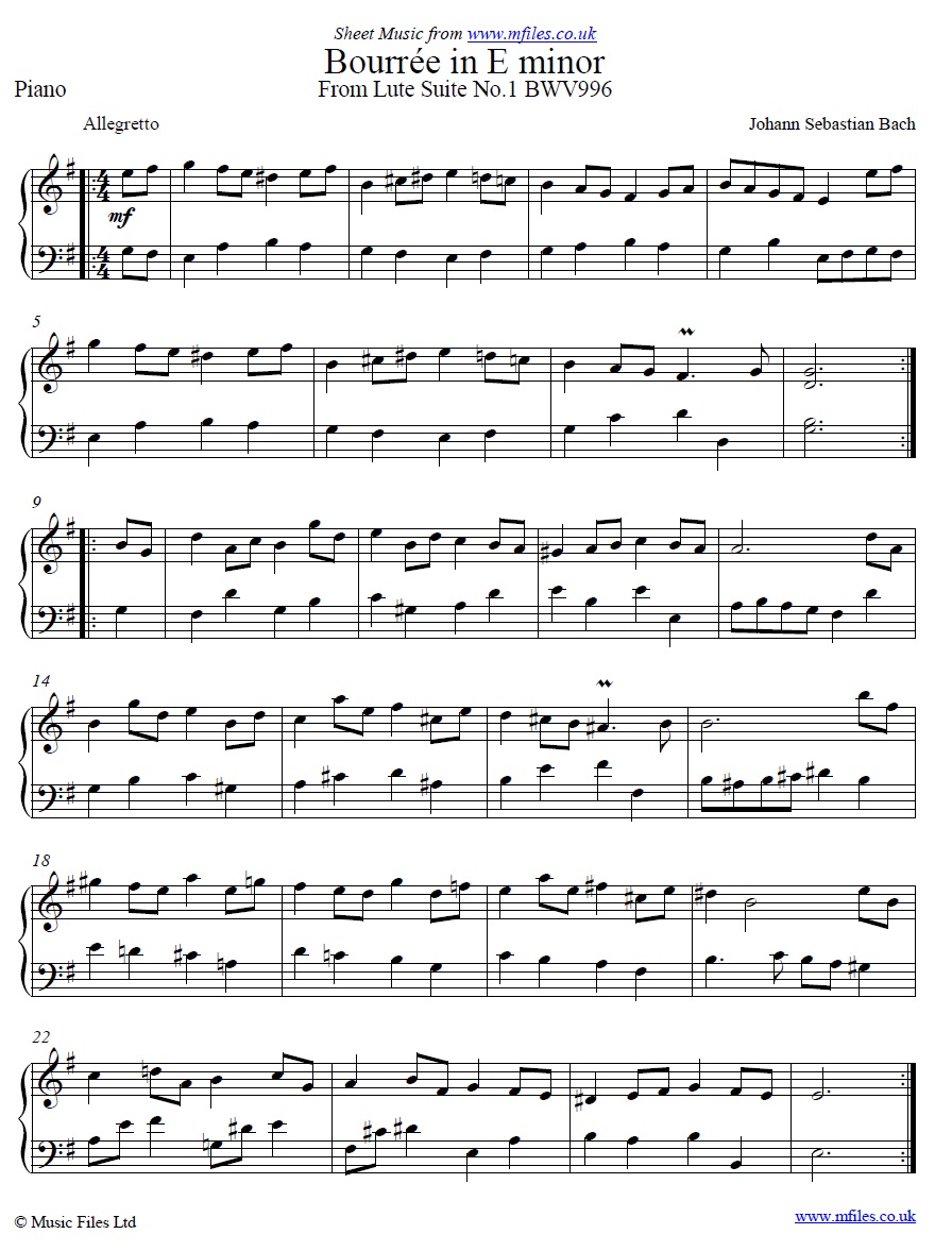 Bach's Bourrée in Em for piano - sheet music 1st page
