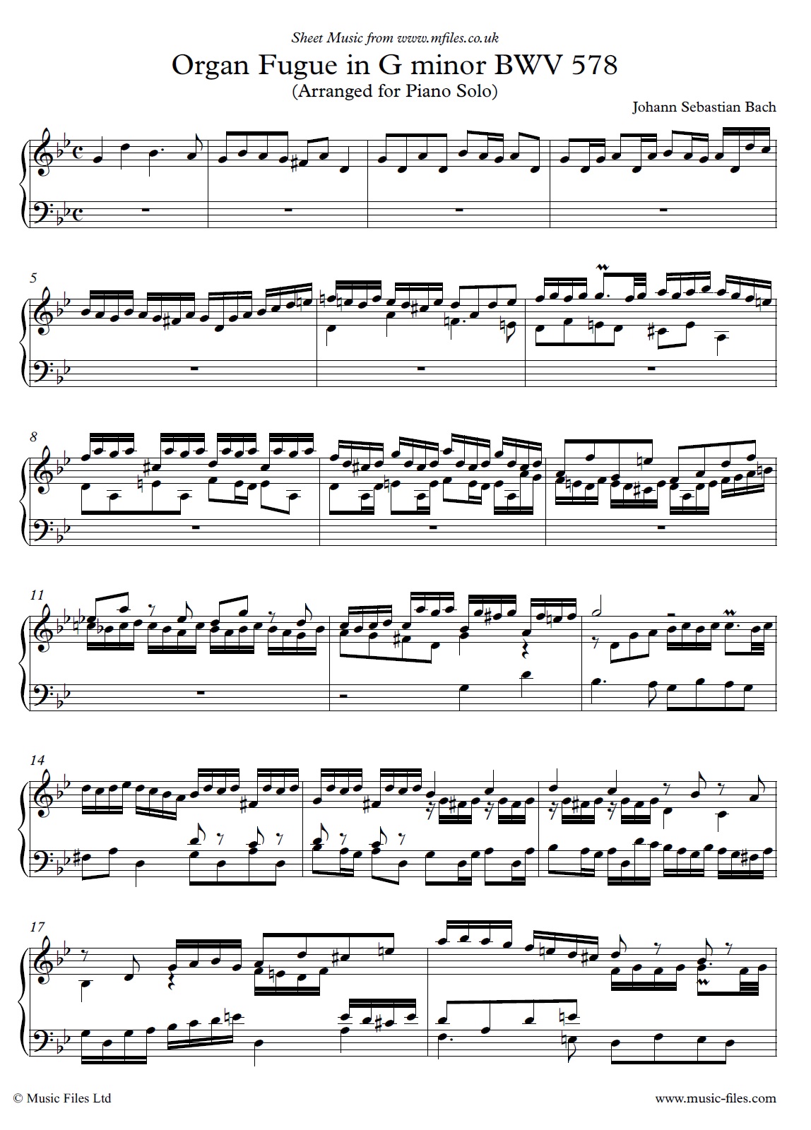 Bach's (Little) Organ Fugue in G minor (arranged for Piano) - sheet music 1st page