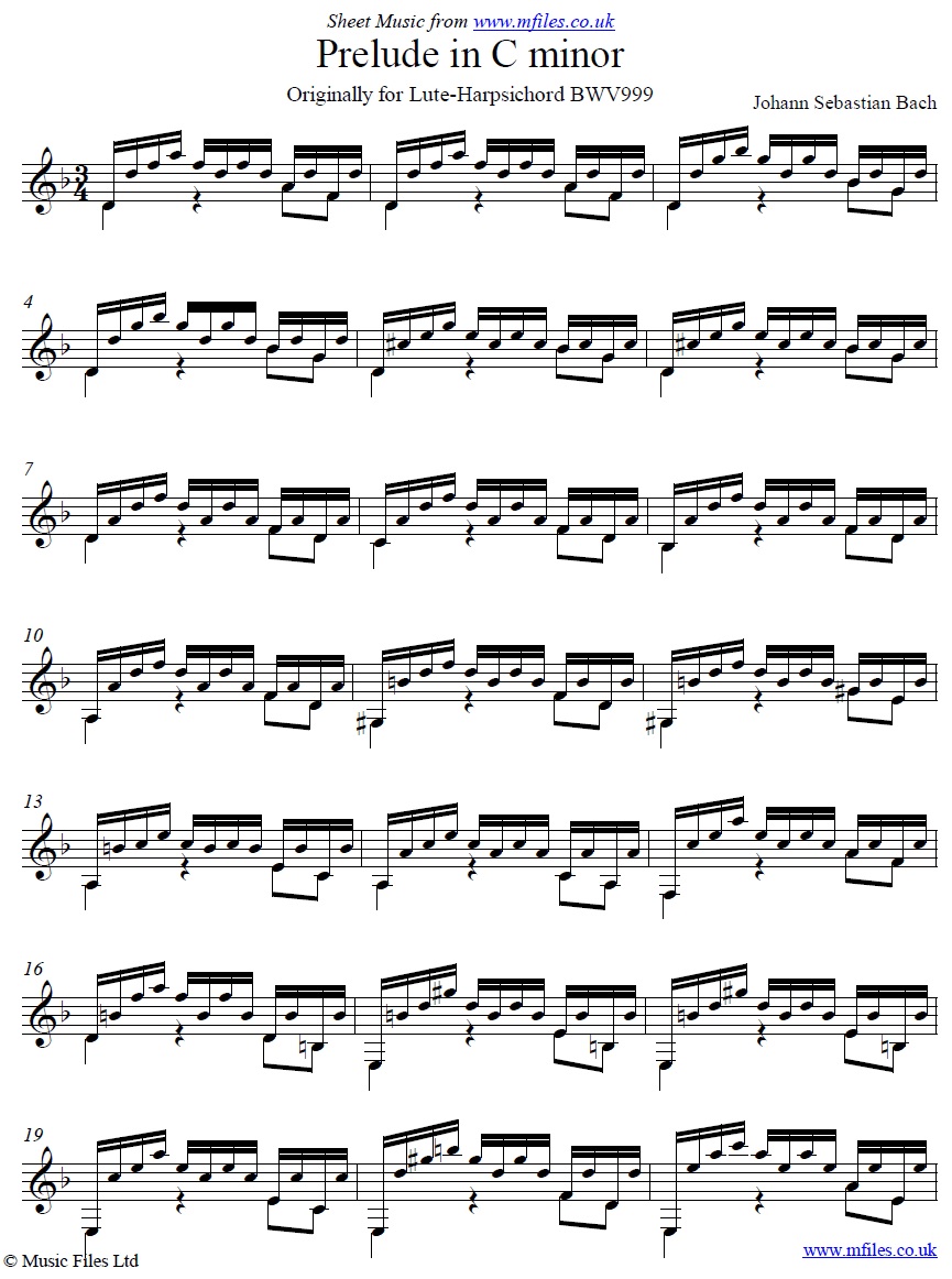 Bach's Little Prelude in Cm for guitar - sheet music 1st page