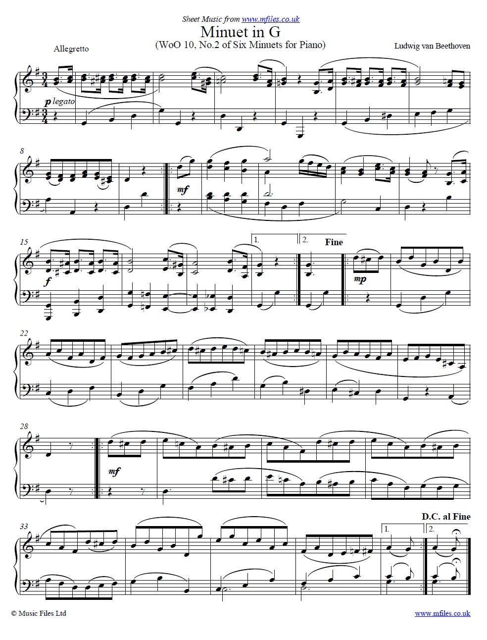 Beethoven's Minuet in G for piano - sheet music 1st page