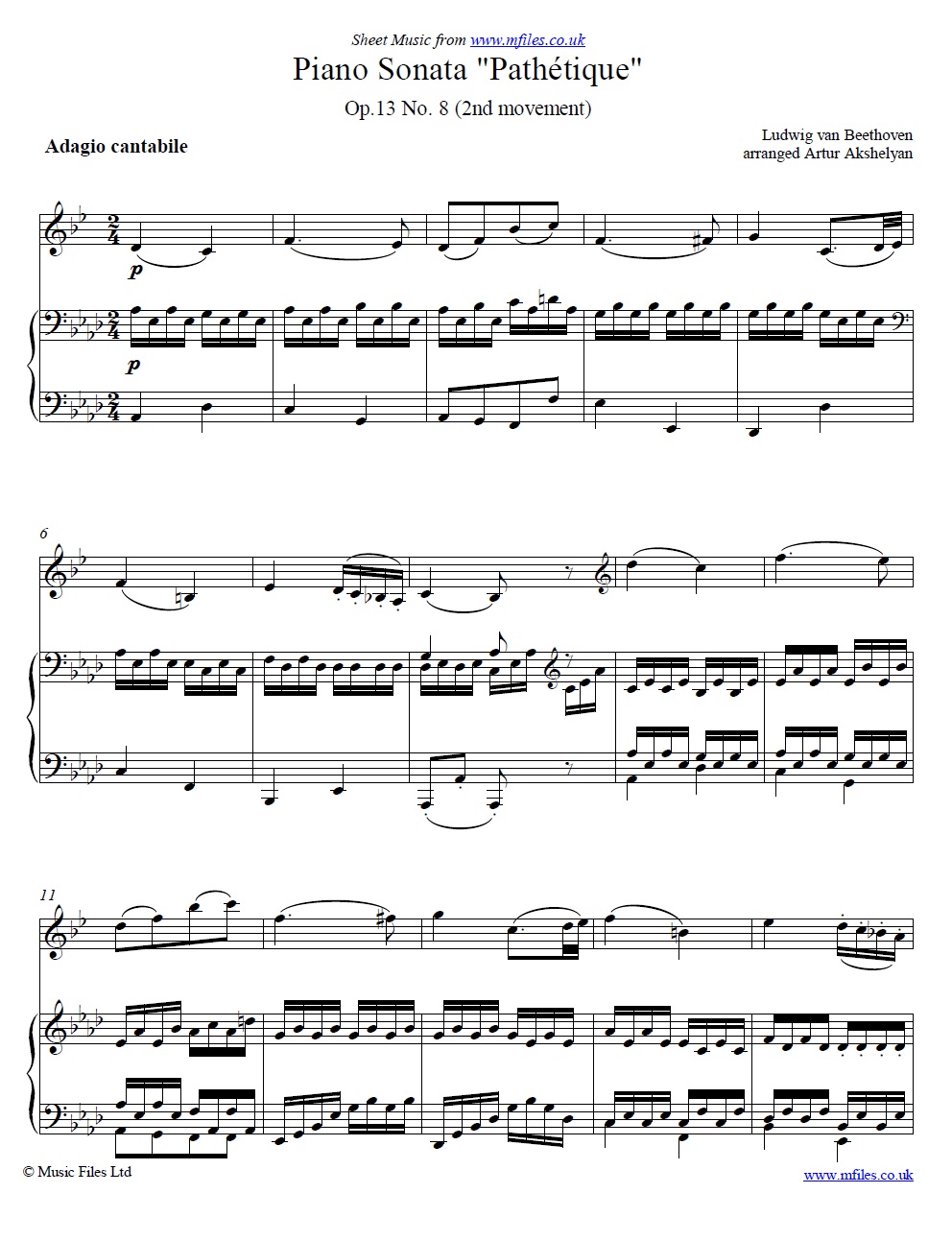 Beethoven's Pathétique Sonata (2nd movement) for clarinet and piano - sheet music 1st page