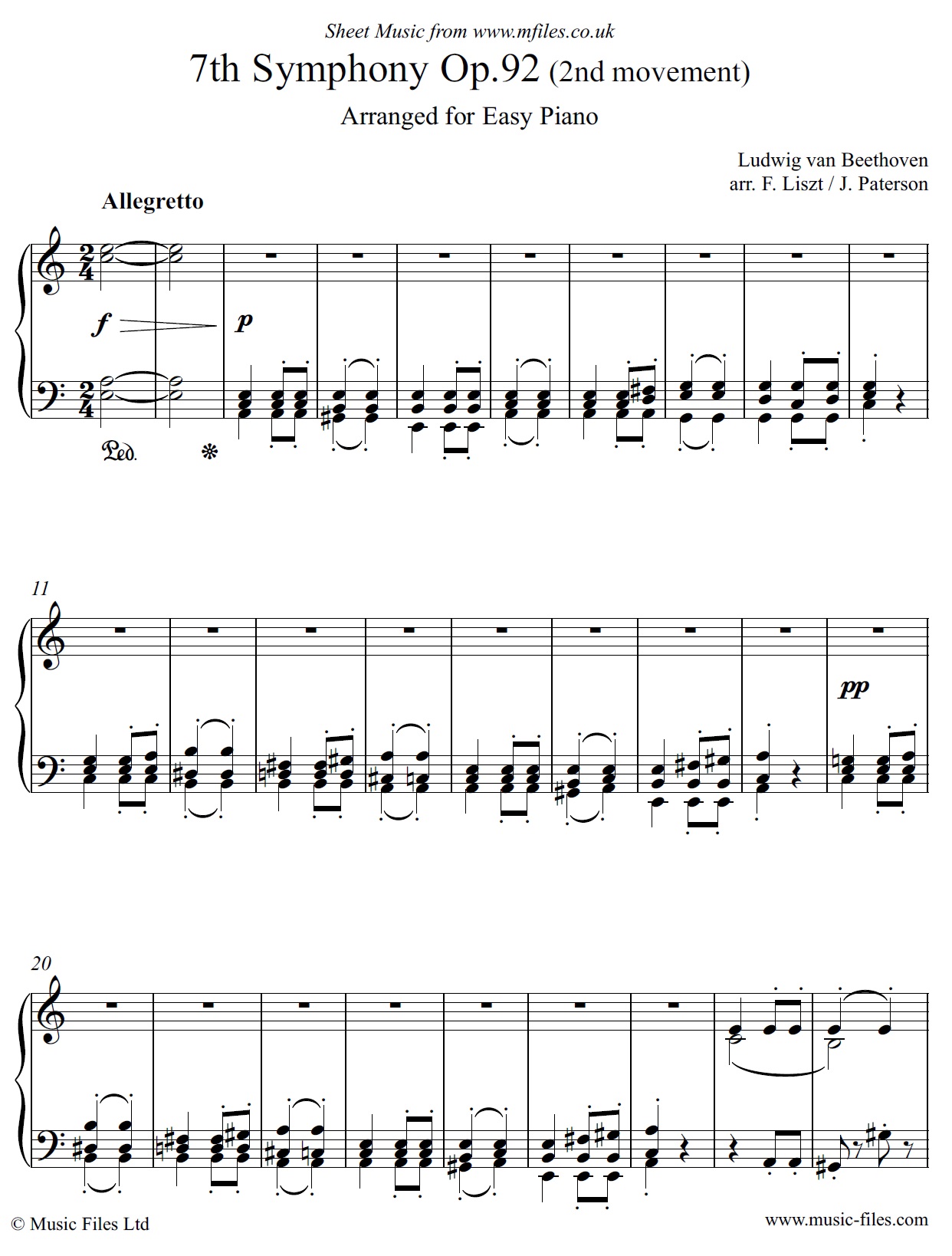 Beethoven's 7th Symphony 2nd movement for Easy Piano - sheet music 1st page