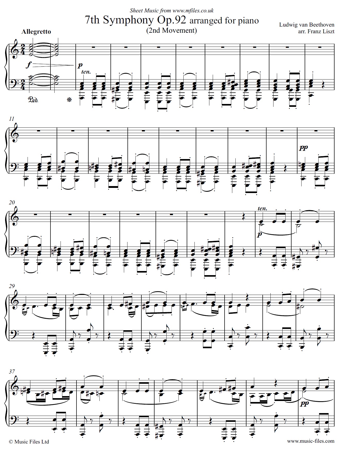 Beethoven's 7th Symphony 2nd movement for Piano by Franz Liszt - sheet music 1st page