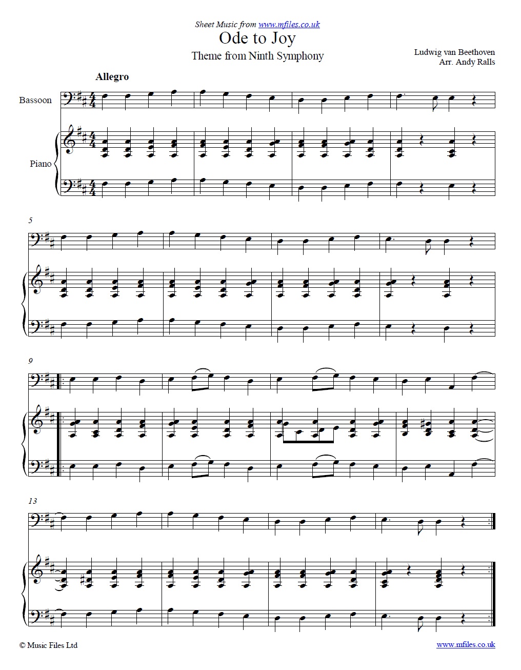 Beethoven's Ode to Joy for Bassoon and piano - sheet music 1st page